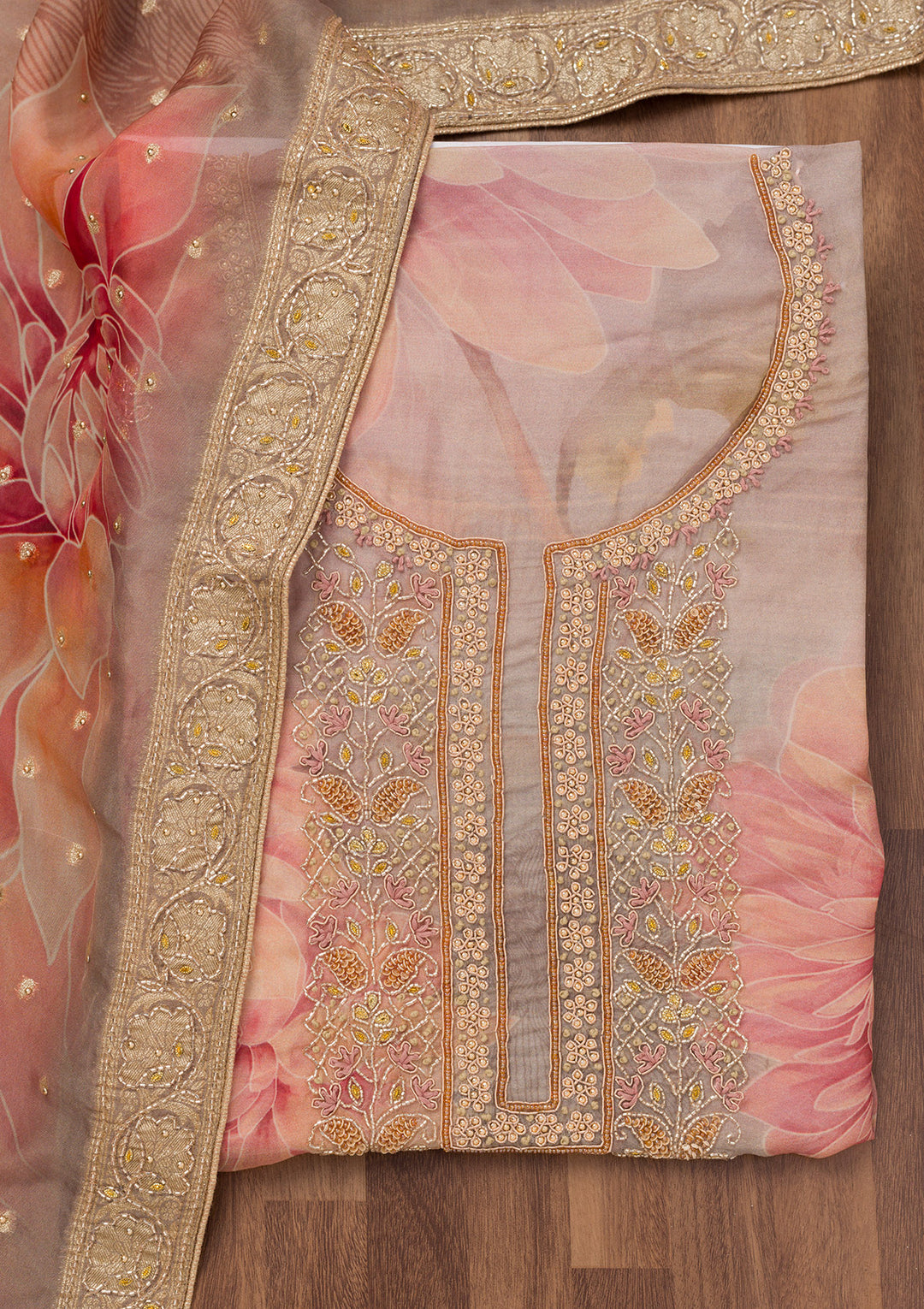 Grey Printed Semi Crepe Unstitched Salwar Suit