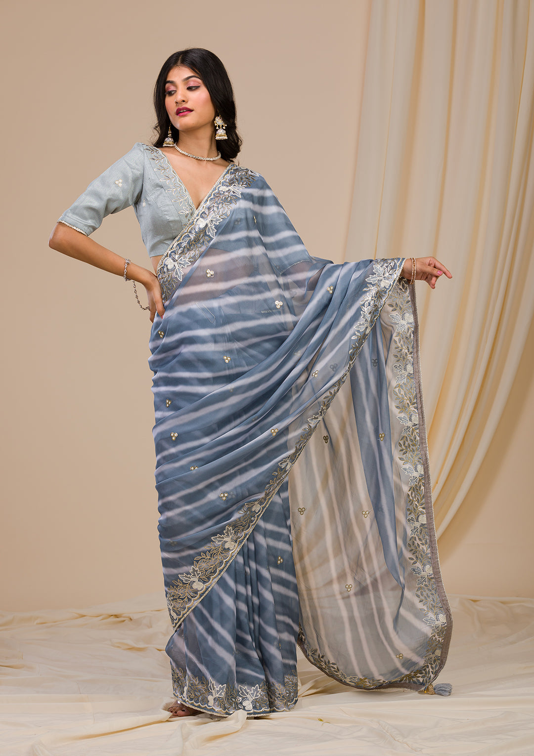 Grey Lehriya Printed Semi Crepe Saree