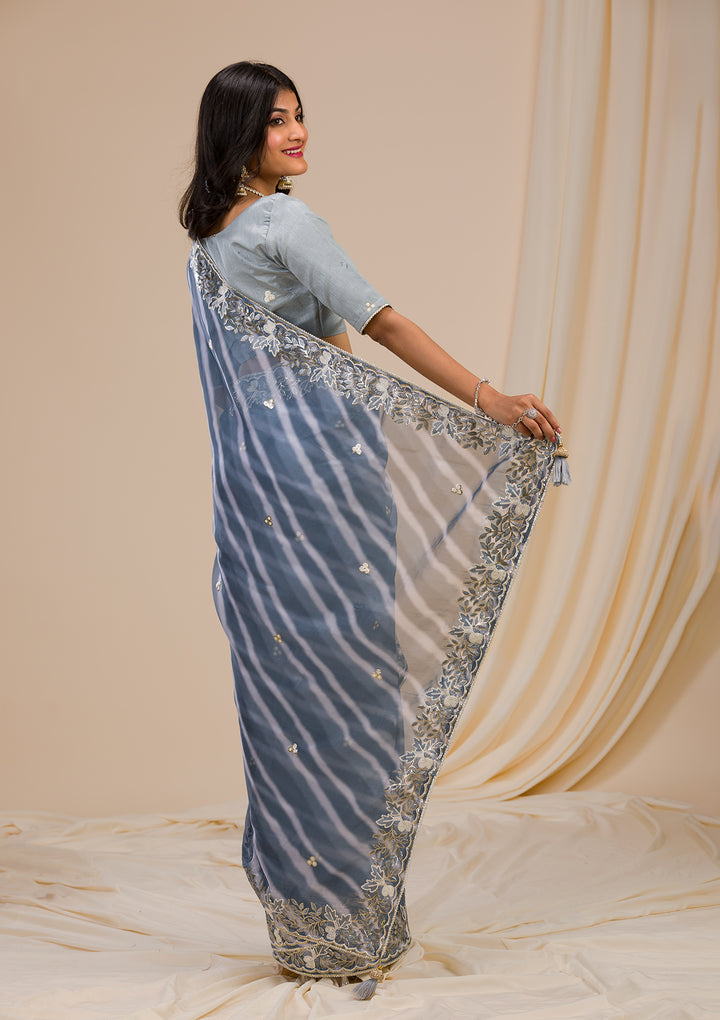 Grey Lehriya Printed Semi Crepe Saree