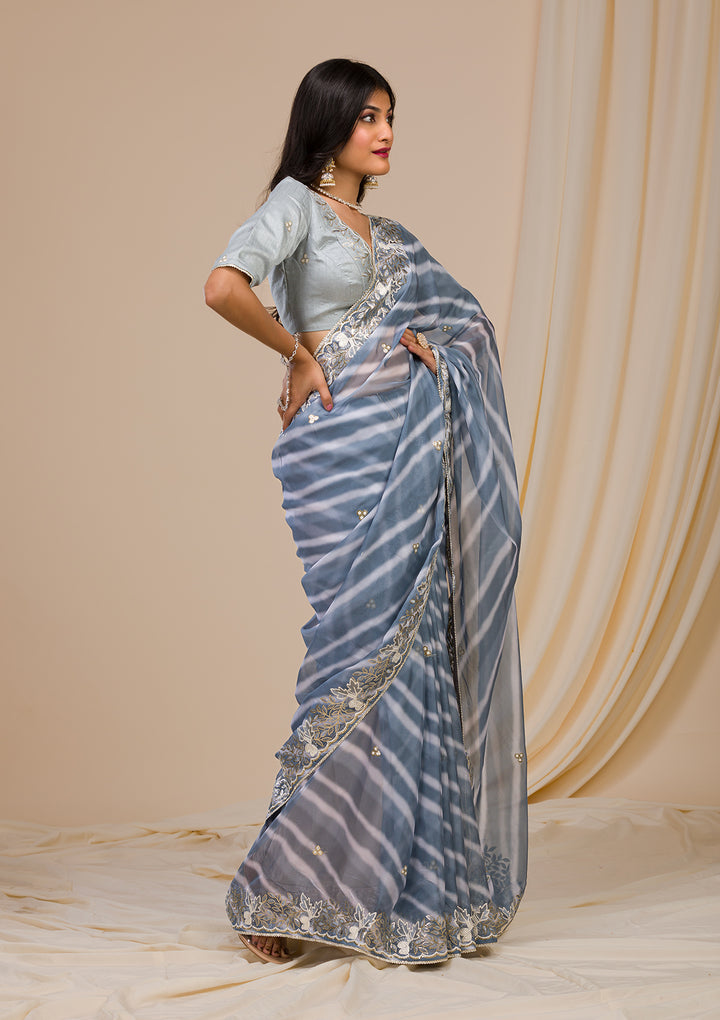 Grey Lehriya Printed Semi Crepe Saree