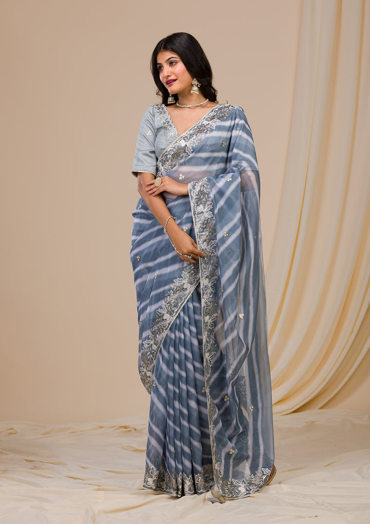 Grey Lehriya Printed Semi Crepe Saree