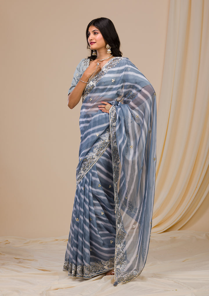 Grey Lehriya Printed Semi Crepe Saree