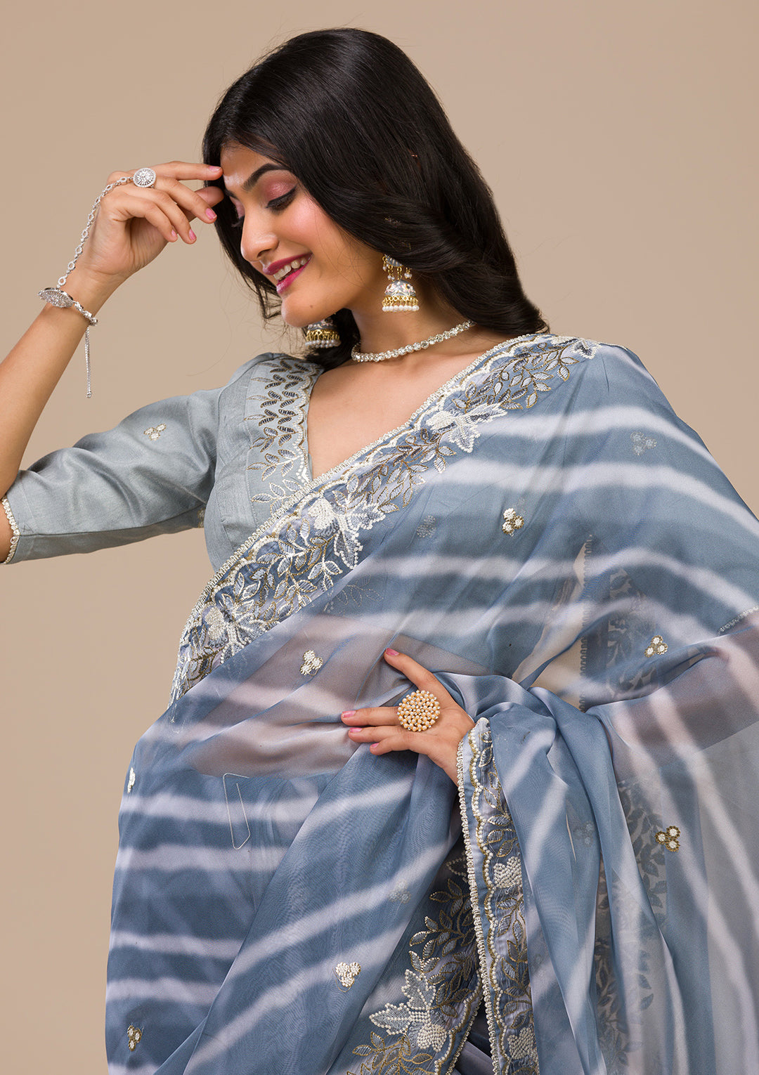 Grey Lehriya Printed Semi Crepe Saree
