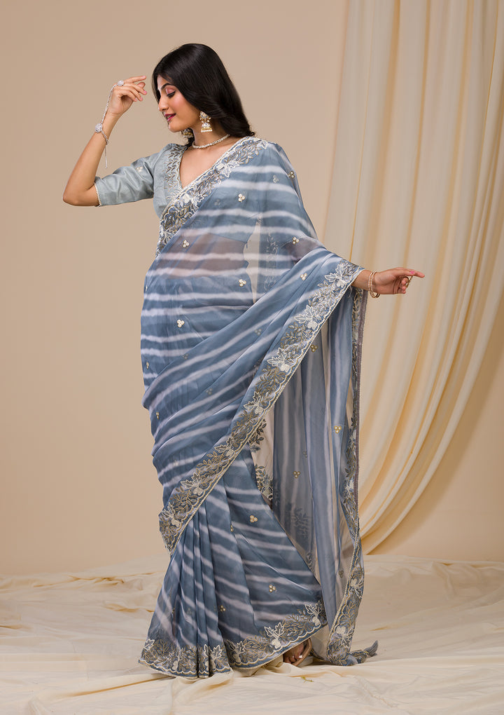 Grey Lehriya Printed Semi Crepe Saree