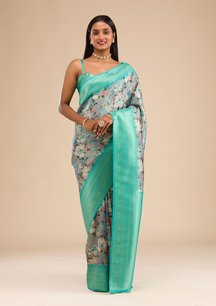 Grey Printed Soft Silk Saree