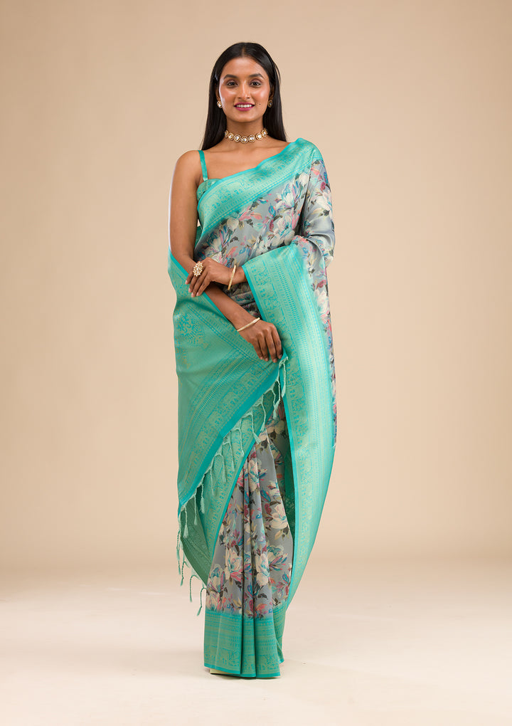 Grey Printed Soft Silk Saree