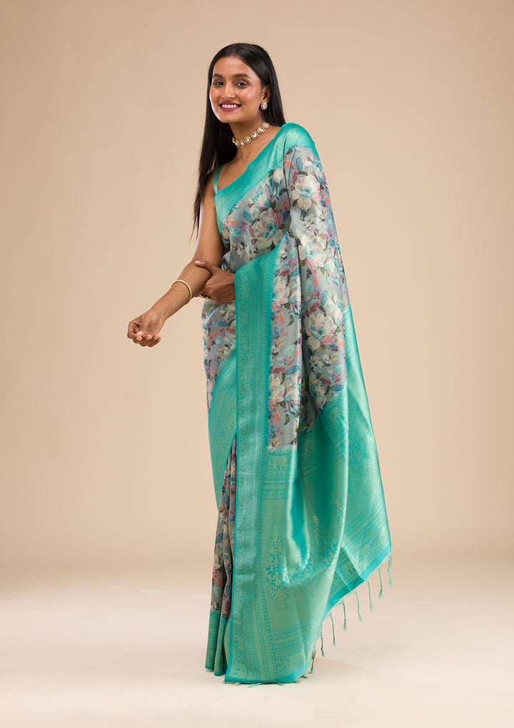 Grey Printed Soft Silk Saree