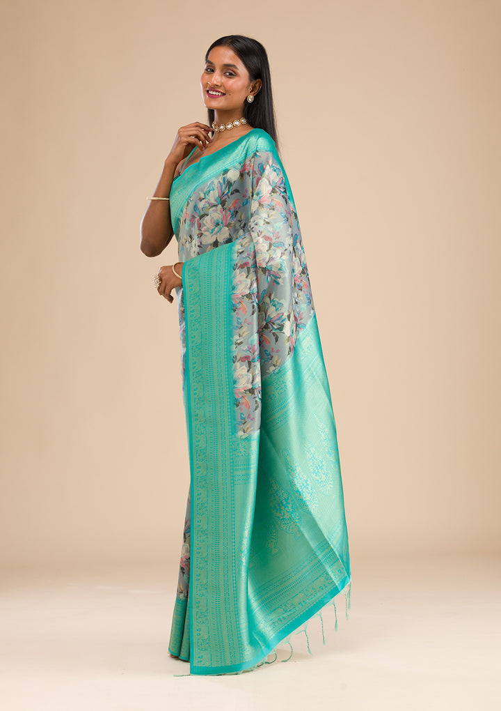 Grey Printed Soft Silk Saree