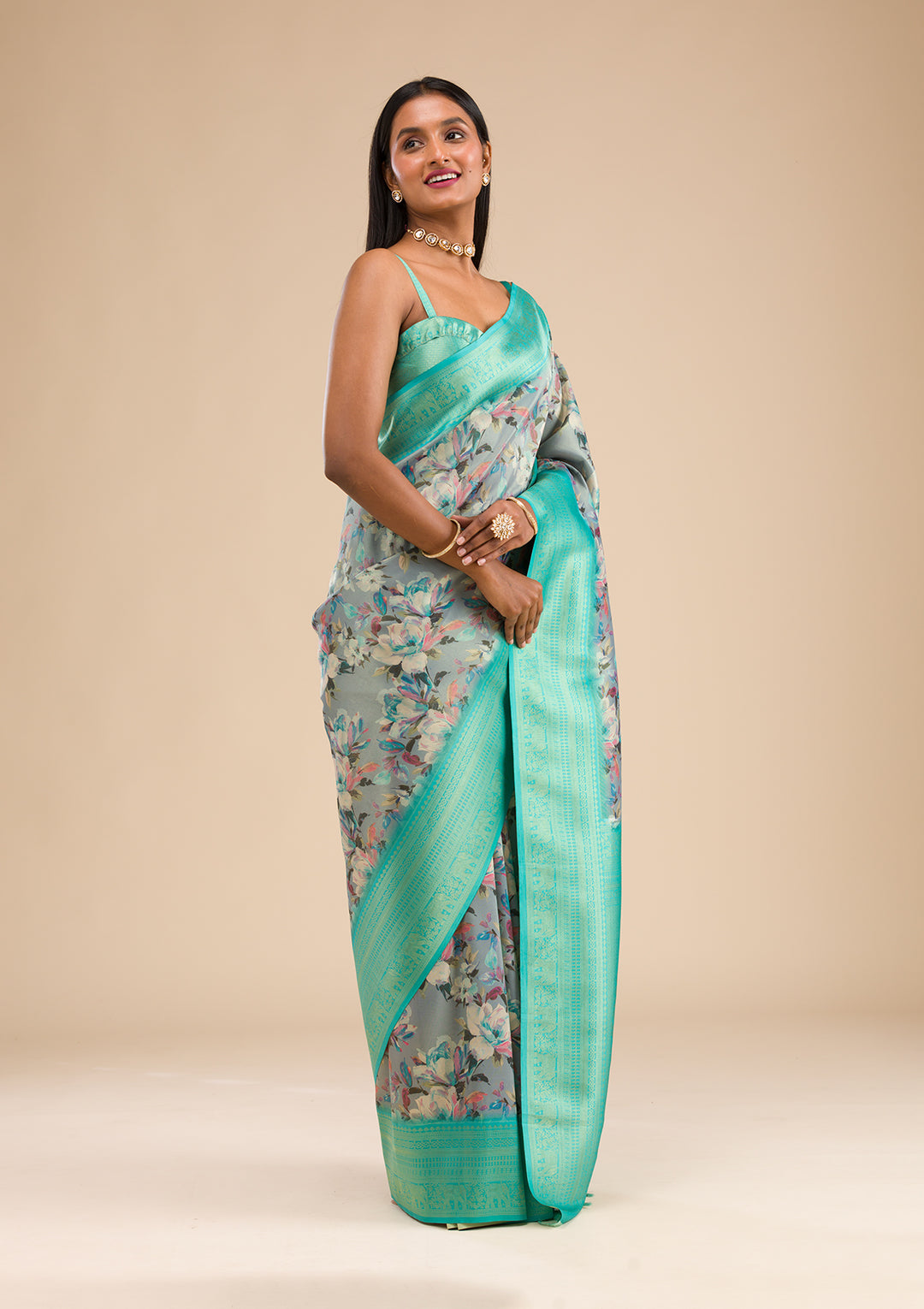 Grey Printed Soft Silk Saree