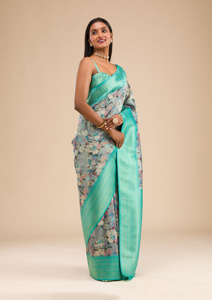 Grey Printed Soft Silk Saree