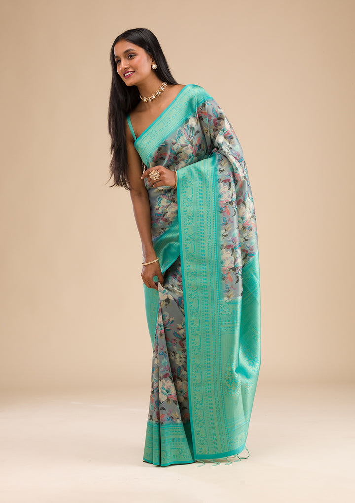 Grey Printed Soft Silk Saree