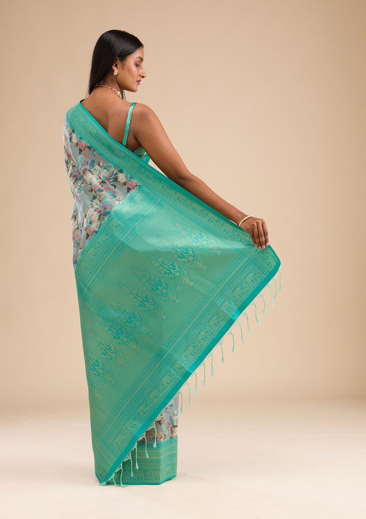 Grey Printed Soft Silk Saree