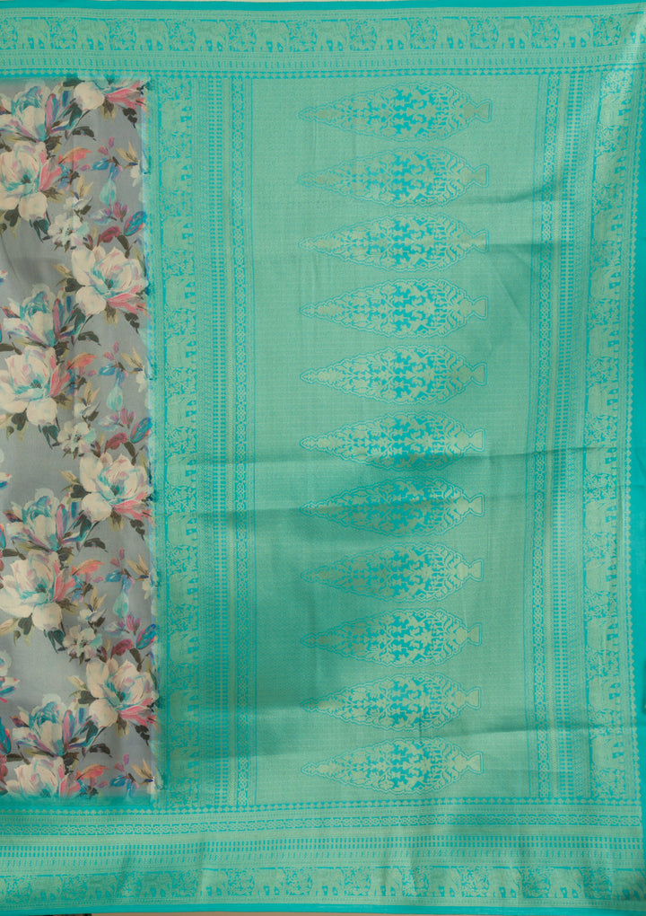Grey Printed Soft Silk Saree
