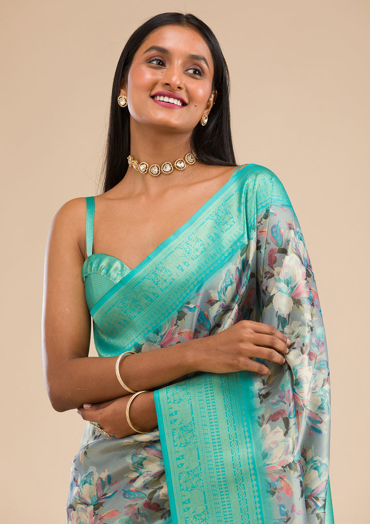 Grey Printed Soft Silk Saree