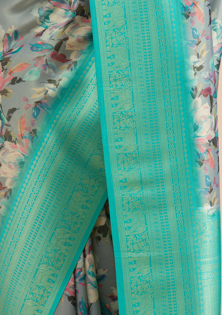 Grey Printed Soft Silk Saree