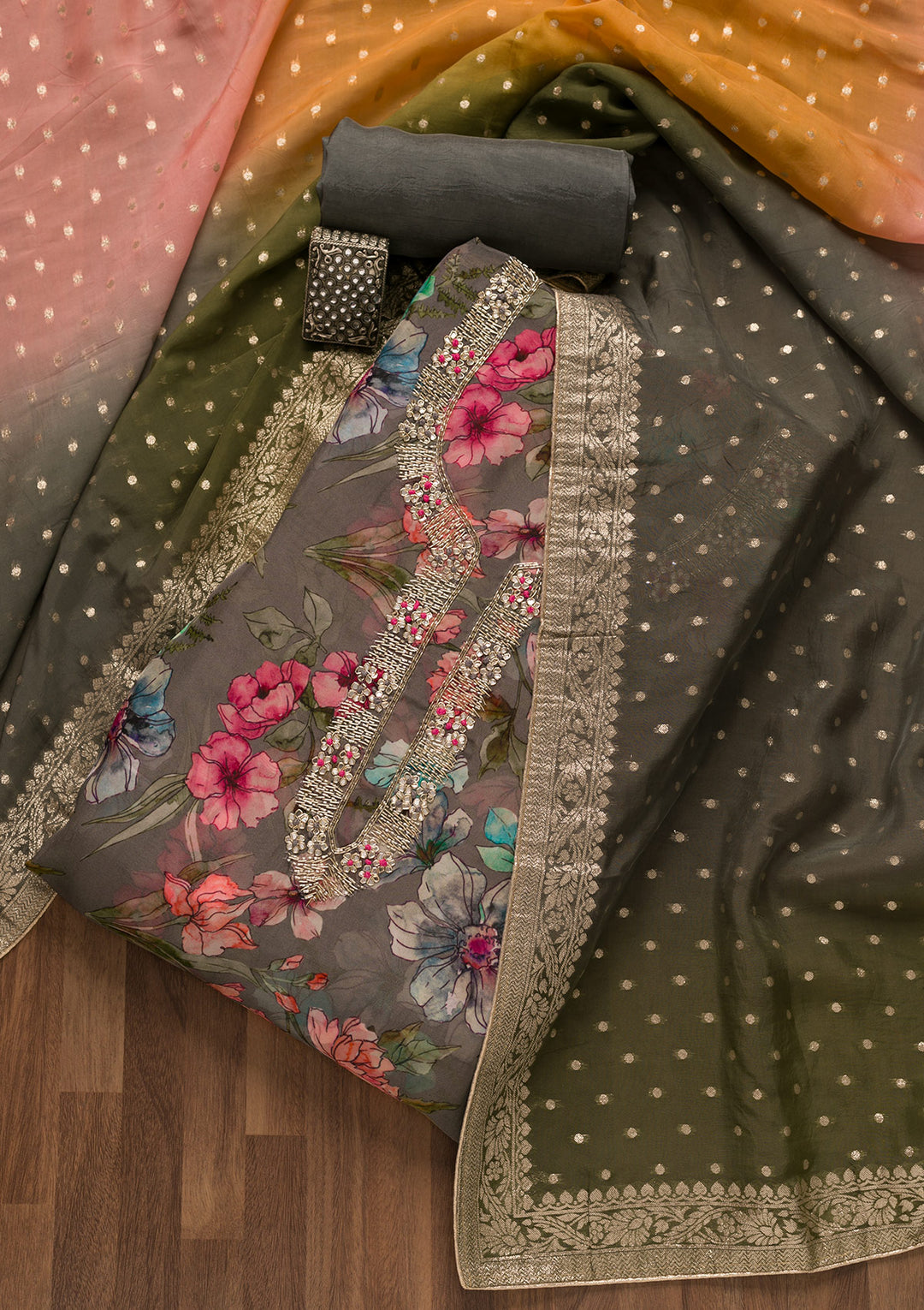 Grey Printed Tissue Unstitched Salwar Suit-Koskii