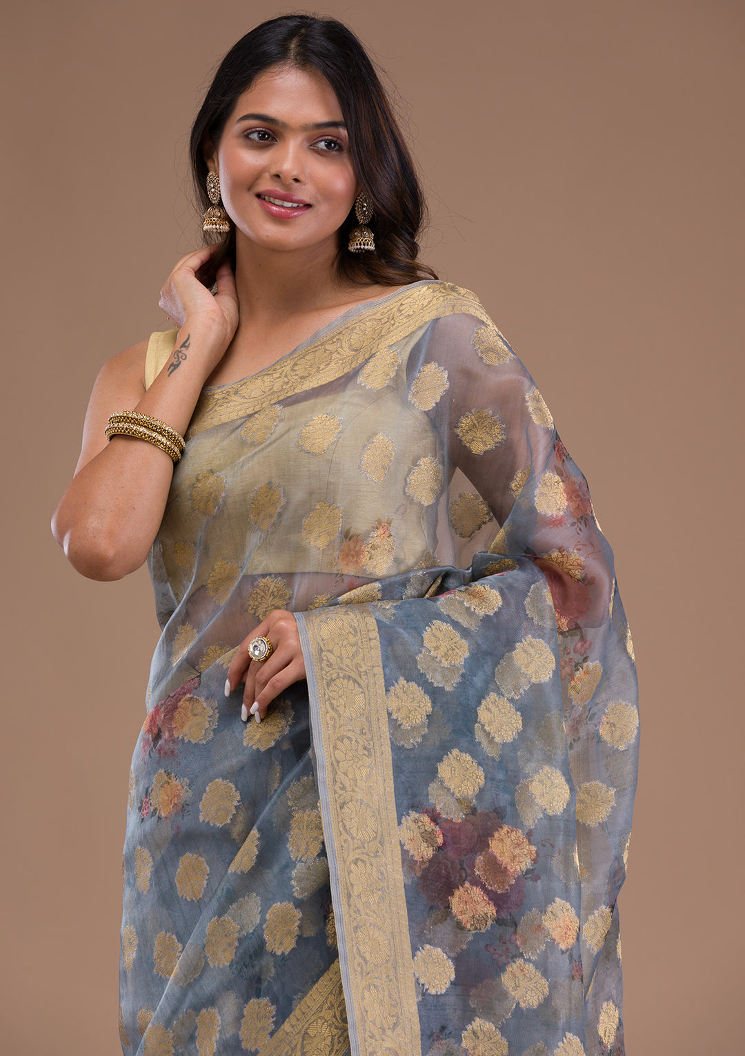 Grey Printed Tissue Saree