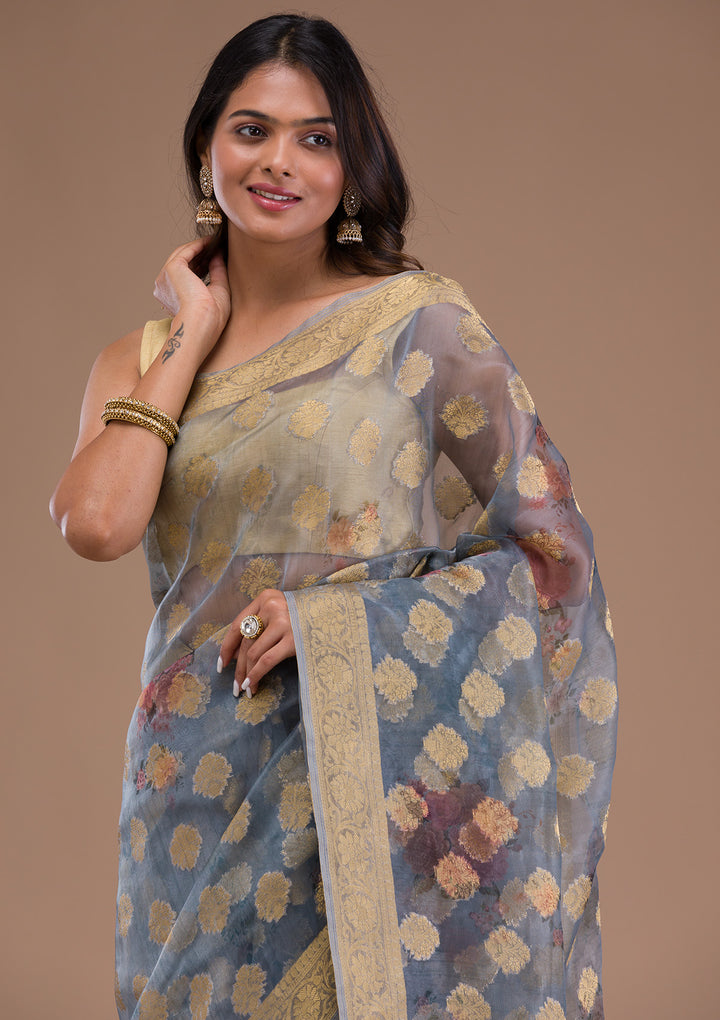 Grey Printed Tissue Saree