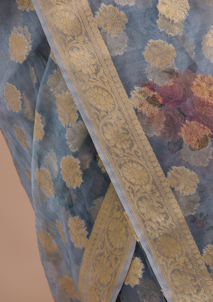Grey Printed Tissue Saree