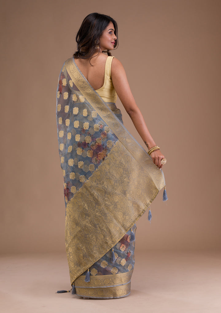 Grey Printed Tissue Saree