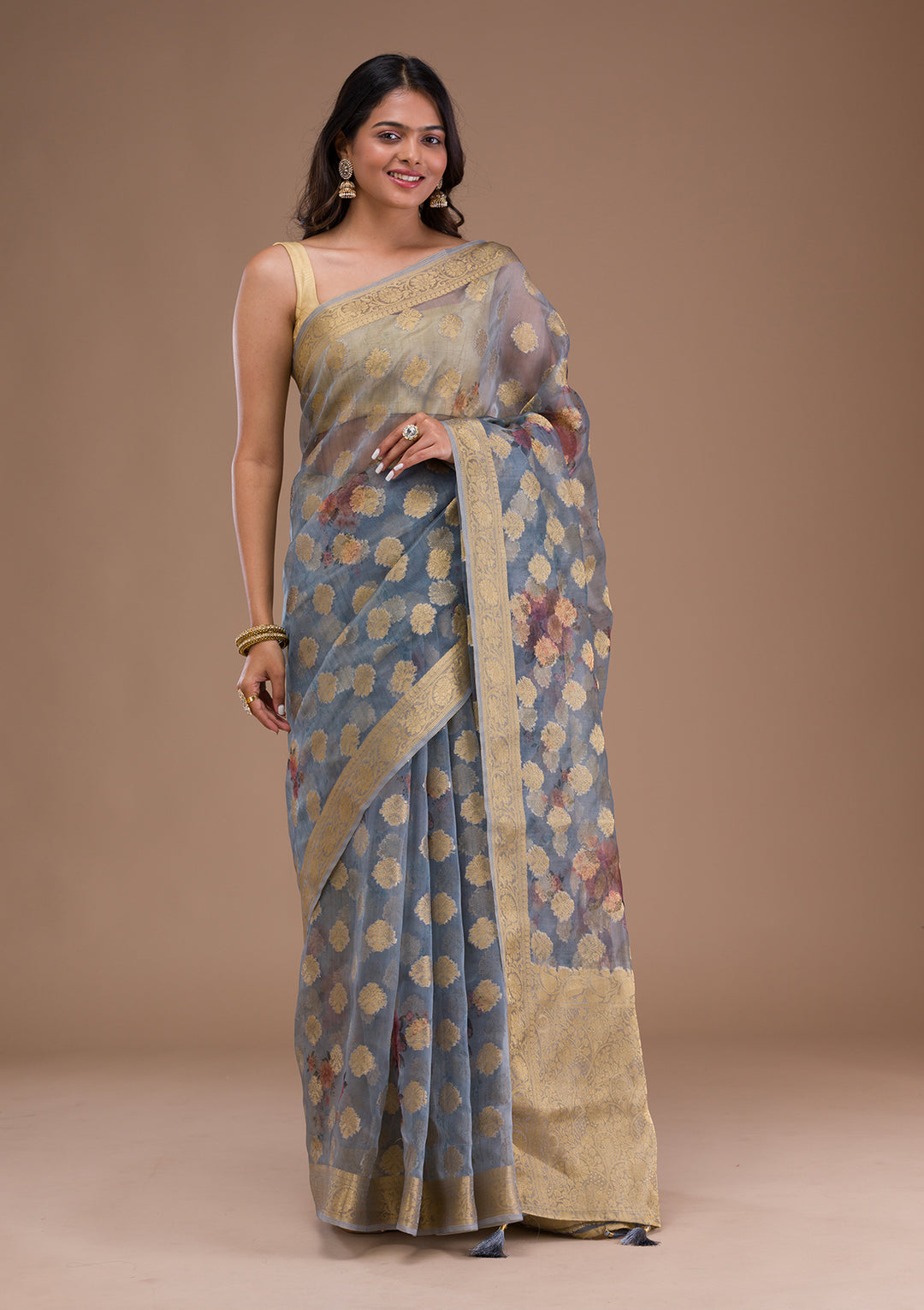 Grey Printed Tissue Saree