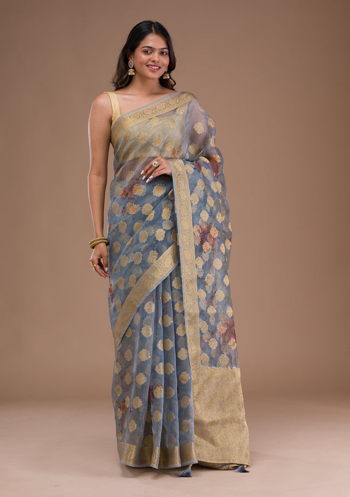 Grey Printed Tissue Saree