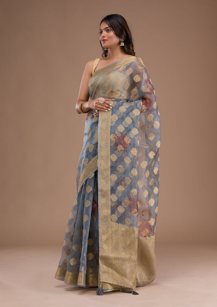 Grey Printed Tissue Saree