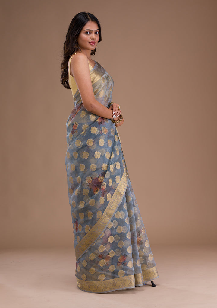 Grey Printed Tissue Saree