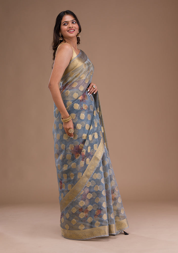 Grey Printed Tissue Saree