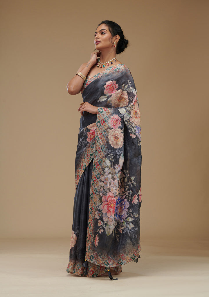 Grey Printed Tissue Saree