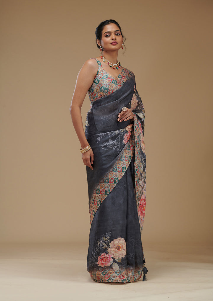 Grey Printed Tissue Saree