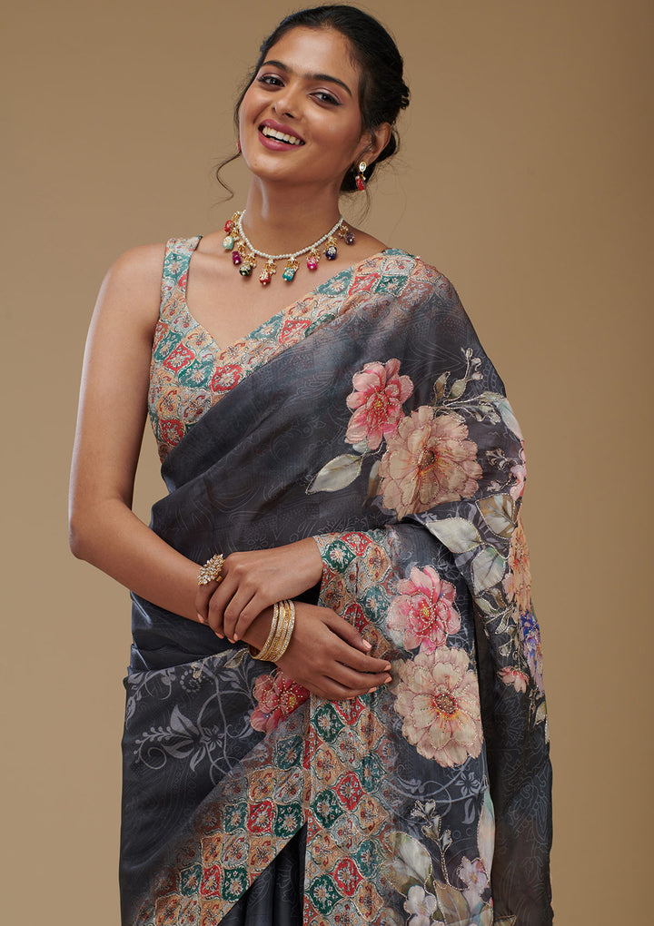Grey Printed Tissue Saree