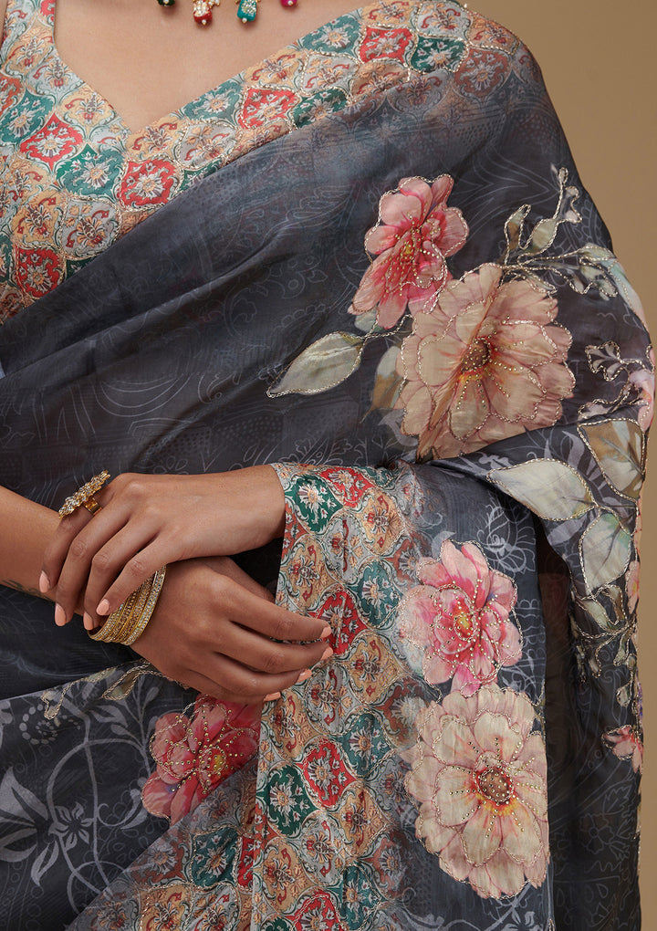 Grey Printed Tissue Saree