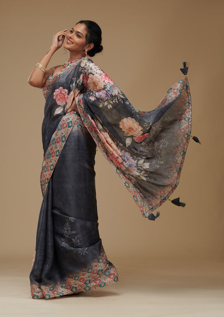 Grey Printed Tissue Saree