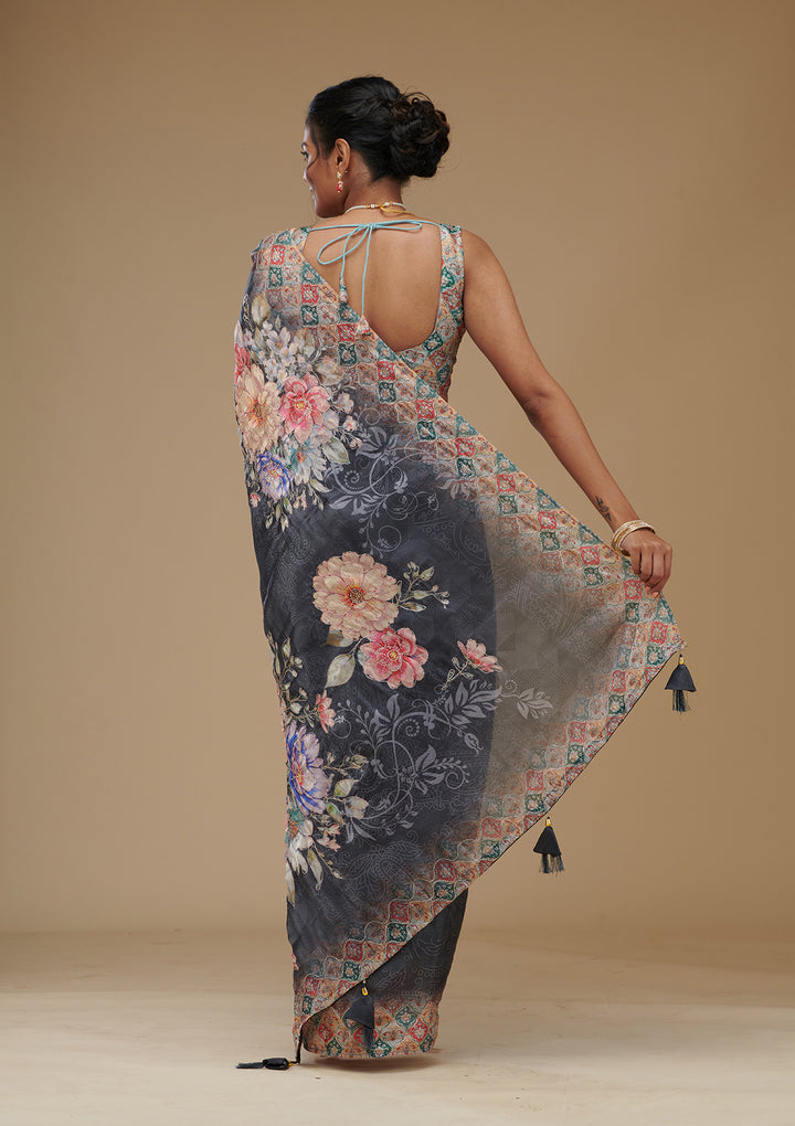 Grey Printed Tissue Saree