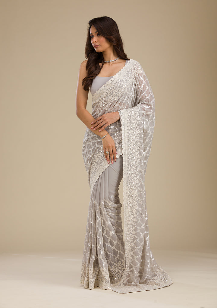 Grey Sequins Georgette Saree