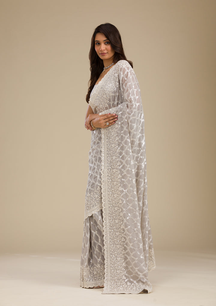Grey Sequins Georgette Saree