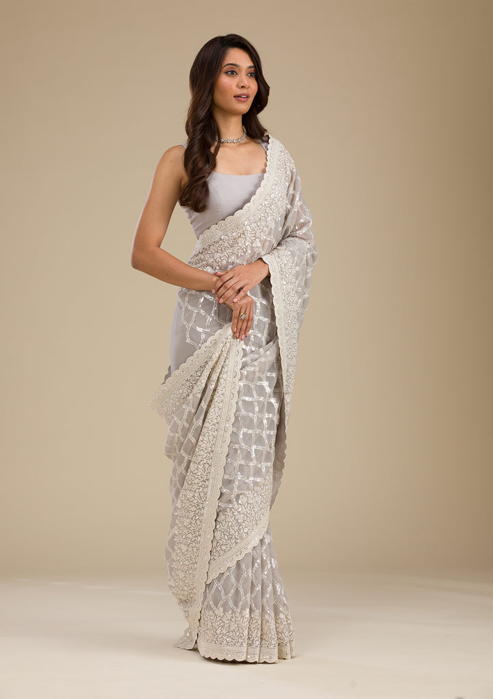 Grey Sequins Georgette Saree
