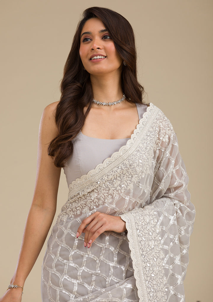 Grey Sequins Georgette Saree