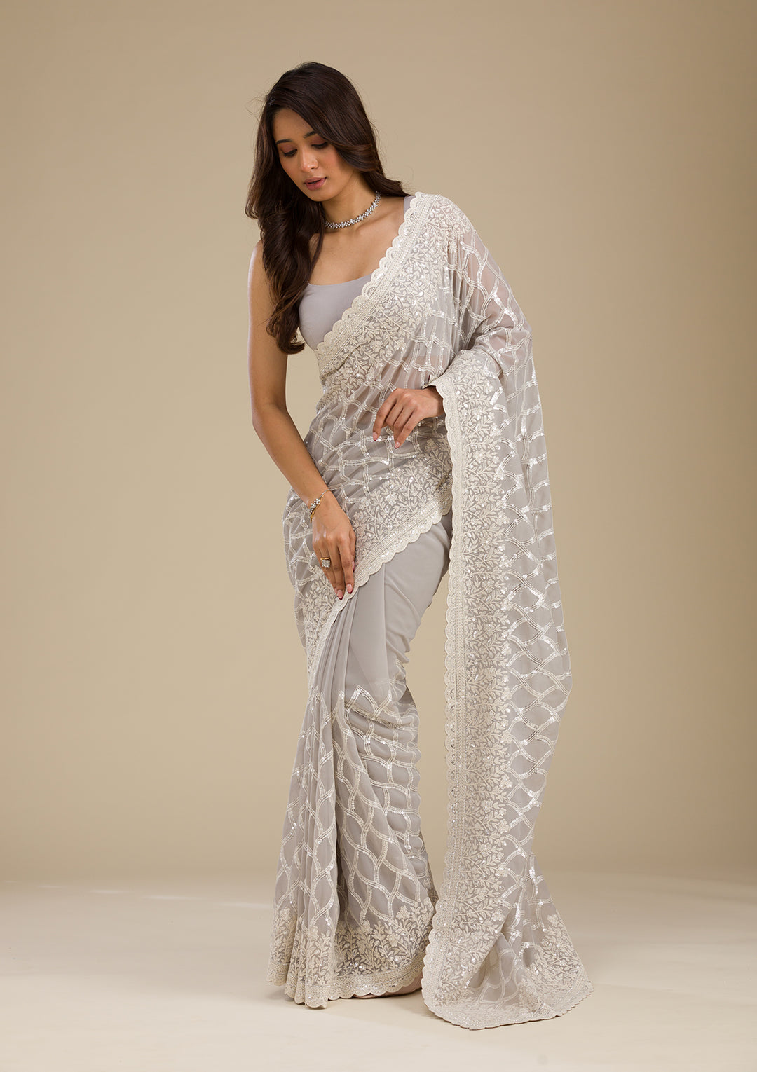Grey Sequins Georgette Saree
