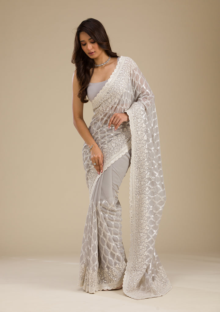 Grey Sequins Georgette Saree