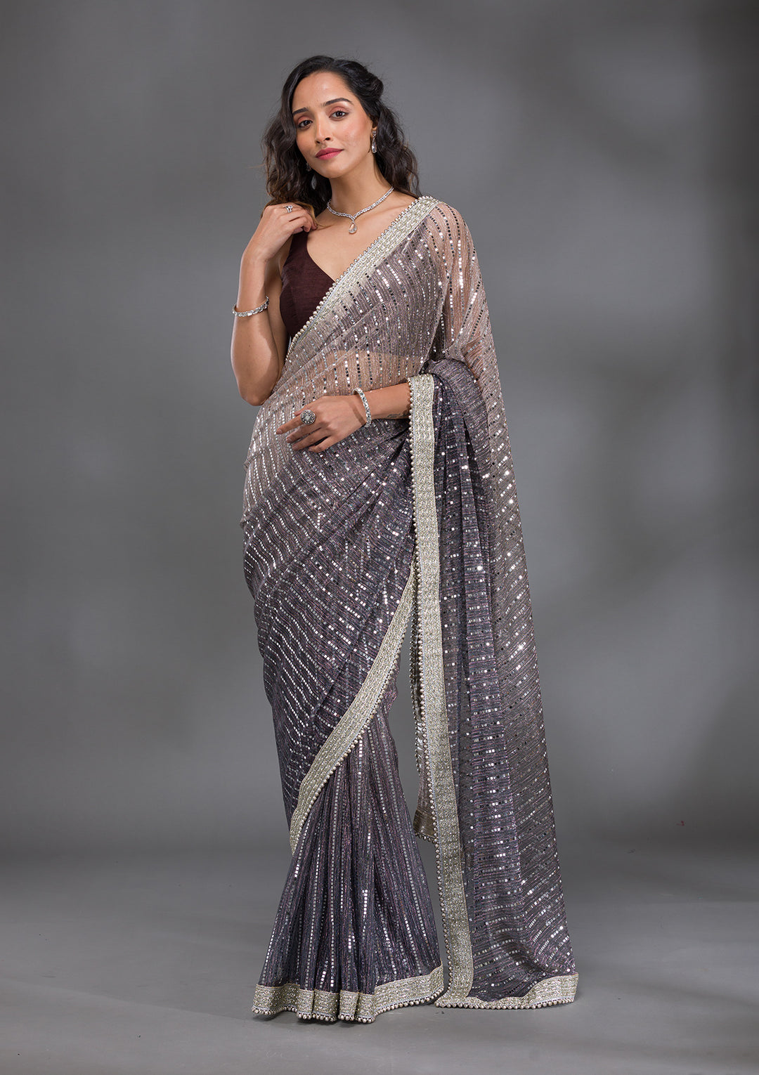 Grey Sequins Lycra Saree