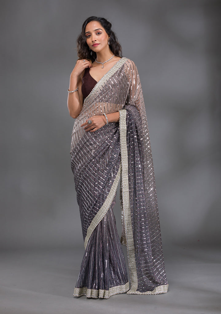 Grey Sequins Lycra Saree
