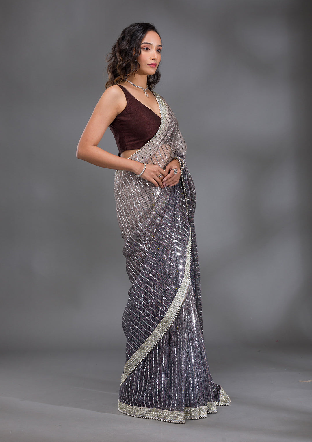 Grey Sequins Lycra Saree
