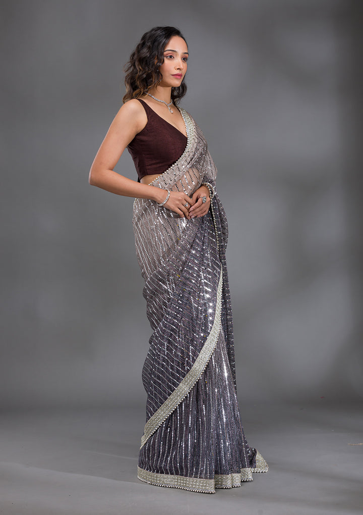 Grey Sequins Lycra Saree