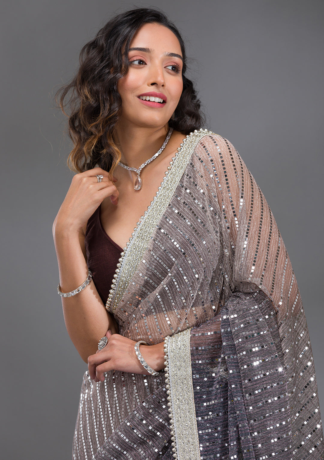 Grey Sequins Lycra Saree