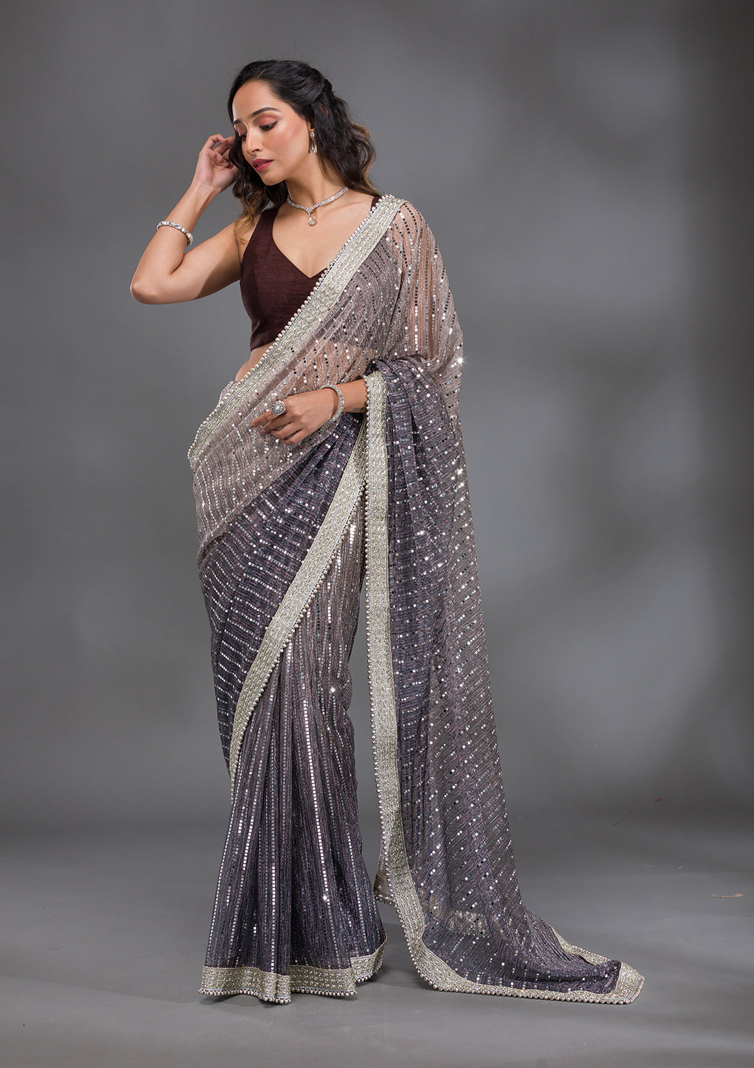 Grey Sequins Lycra Saree
