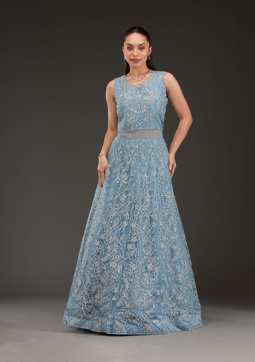 Grey Sequins Net Gown