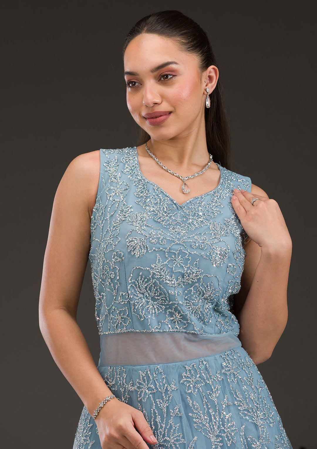 Grey Sequins Net Gown