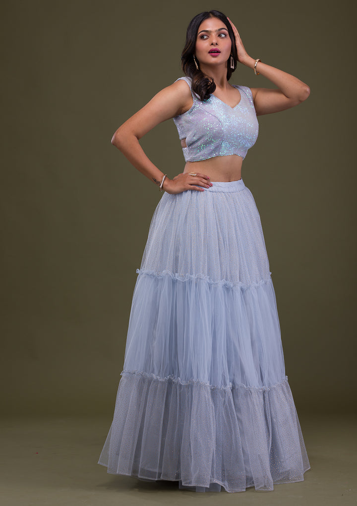 Grey Sequins Net Readymade Lehenga-Koskii
